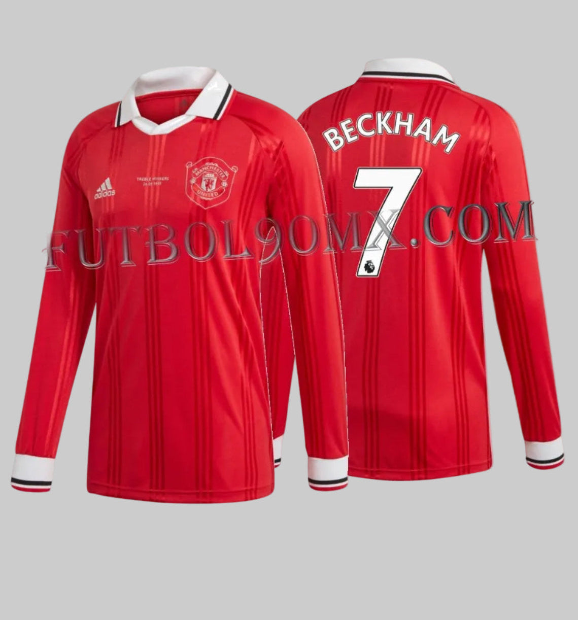 Jersey Adidas Manchester United Icons manga larga con dorsal oficial Beckham 7, edición Treble Winners 1999 DX9081 - Futbol90MX Archive Boutique.