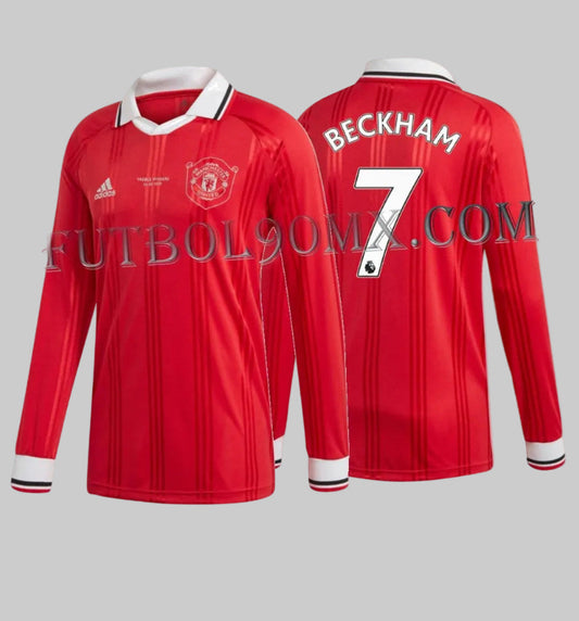 Jersey Adidas Manchester United Icons manga larga con dorsal oficial Beckham 7, edición Treble Winners 1999 DX9081 - Futbol90MX Archive Boutique.