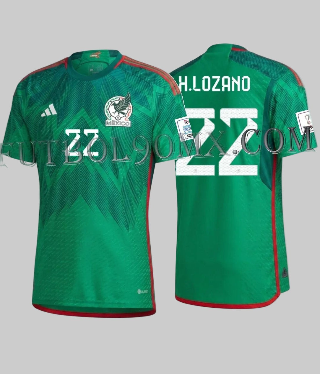 Vista dual del jersey de local de la Selección Mexicana Mundial 2022, versión Authentic Match, personalizada con el número 22 de Hirving Lozano, codigo HD6898, disponible en Futbol90MX