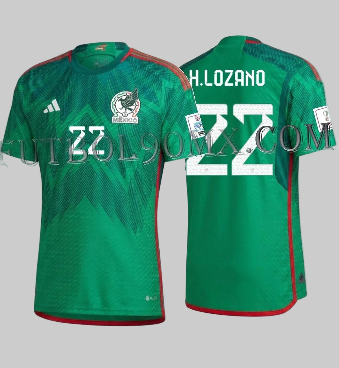 Vista dual del jersey de local de la Selección Mexicana Mundial 2022, versión Authentic Match, personalizada con el número 22 de Hirving Lozano, codigo HD6898, disponible en Futbol90MX