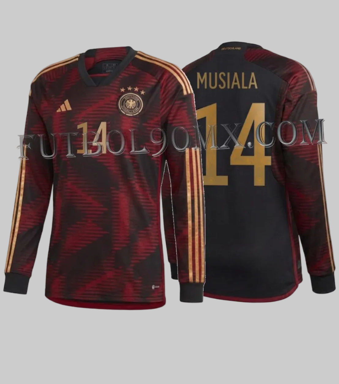 Vista dual del Jersey con personalización oficial nombre y número 14 Jamal Musiala, Alemania visitante Mundial FIFA 2022 manga larga original, codigo adidas HF1466, disponible en Futbol90MX