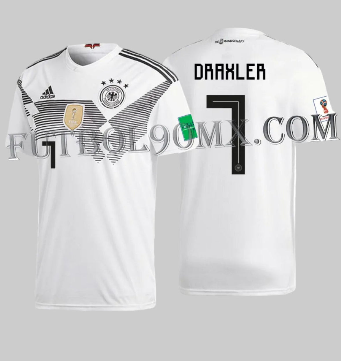 Jersey con Tipografía oficial de Julian Draxler número 7 para Alemania local 2018 y parches oficiales del torneo BR7843. Detalle del estampado en vinilo térmico de alta calidad preservado en condiciones de bóveda por Futbol90MX.