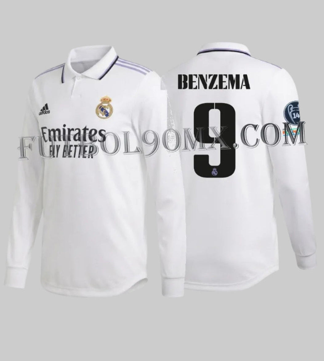 Vista dual del Jersey Adidas Karim Benzema Real Madrid Authentic Match Long Sleeve Home UEFA Champions League 2022/23 (Ref. HA2665) con dorsal 9 y parches oficiales en Futbol90MX