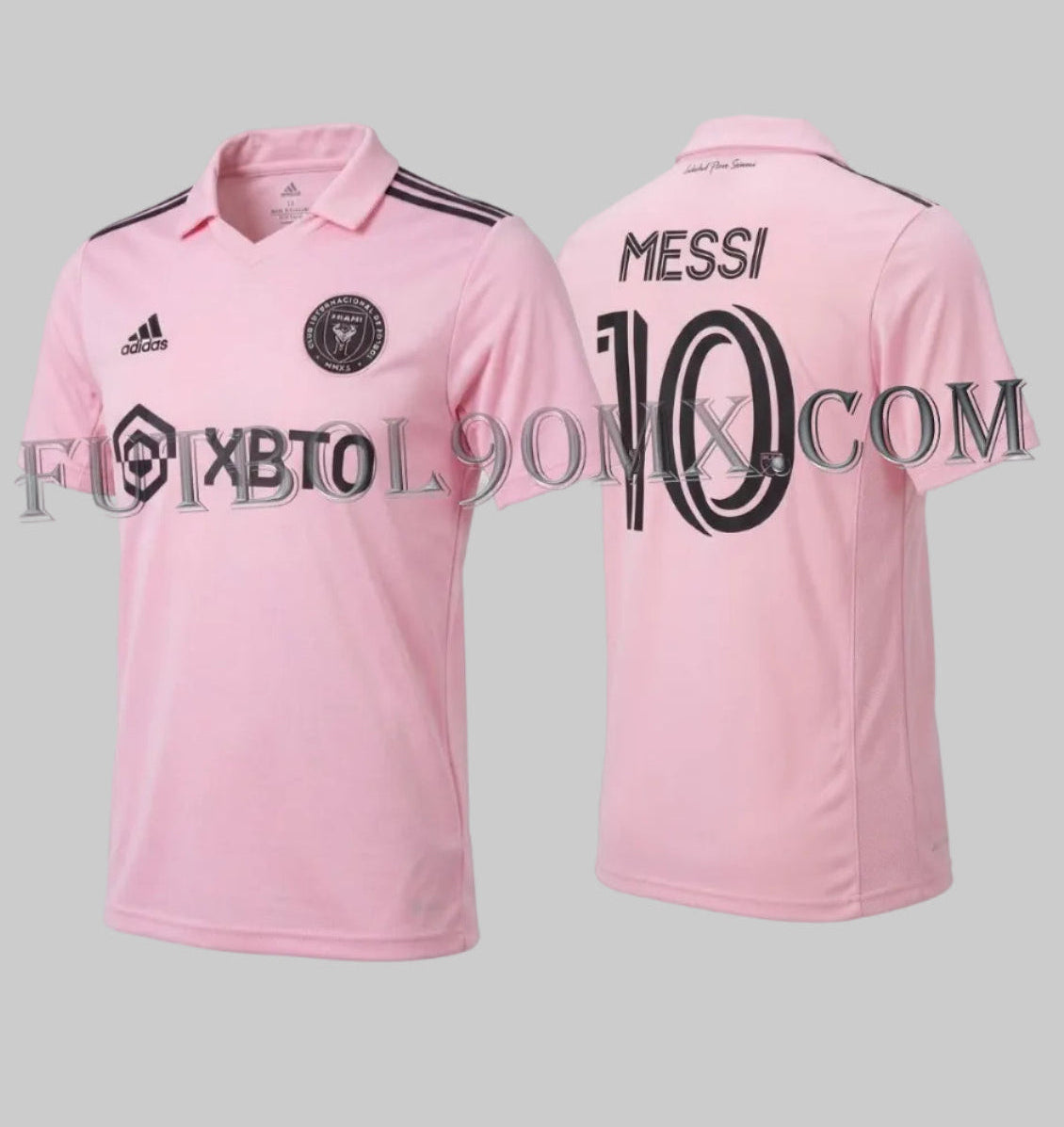 Jersey Inter Miami con dorsal oficial Messi 10 temporada debut MLS 2022-23, detalle de tipografía oficial y logo MLS, adidas IB5027