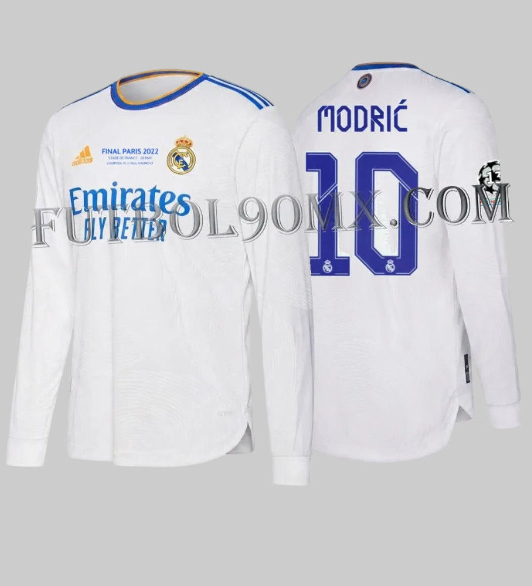 Vista frontal y dorsal del jersey Adidas Authentic Match de manga larga del Real Madrid de Luka Modrić (GR3995), mostrando el grabado oficial 'FINAL PARIS 2022' y la personalización 'MODRIĆ #10' con parches de UCL.