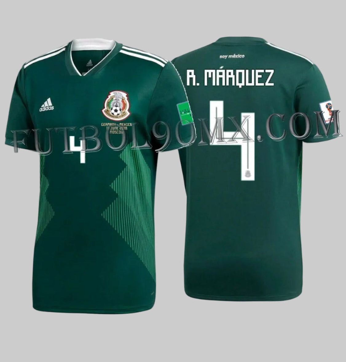 Vista frontal y posterior del jersey Adidas BQ4701 de local de México 2018 con el nombre R. MÁRQUEZ y el número 4 en tipografía oficial calada de Adidas para el Mundial de Rusia.