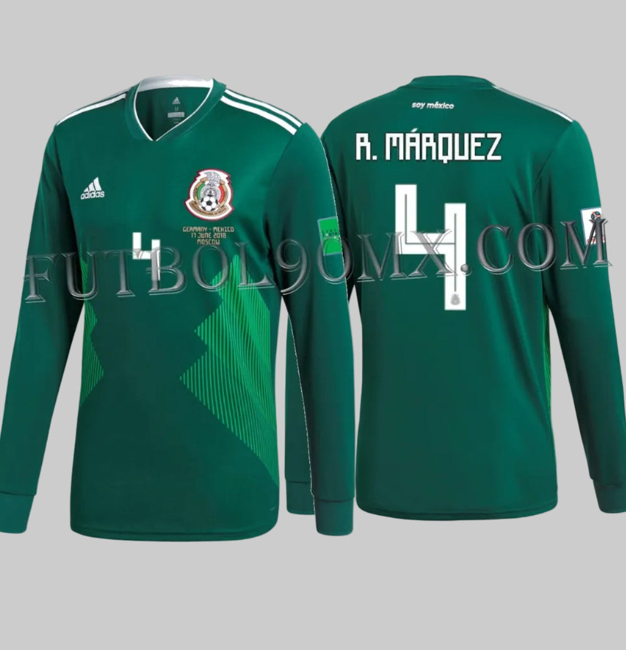 Vista frontal y posterior del jersey adidas BQ4700 de local México 2018 versión manga larga con el nombre R. MÁRQUEZ y el número 4 en tipografía oficial calada de Adidas para el Mundial de Rusia.