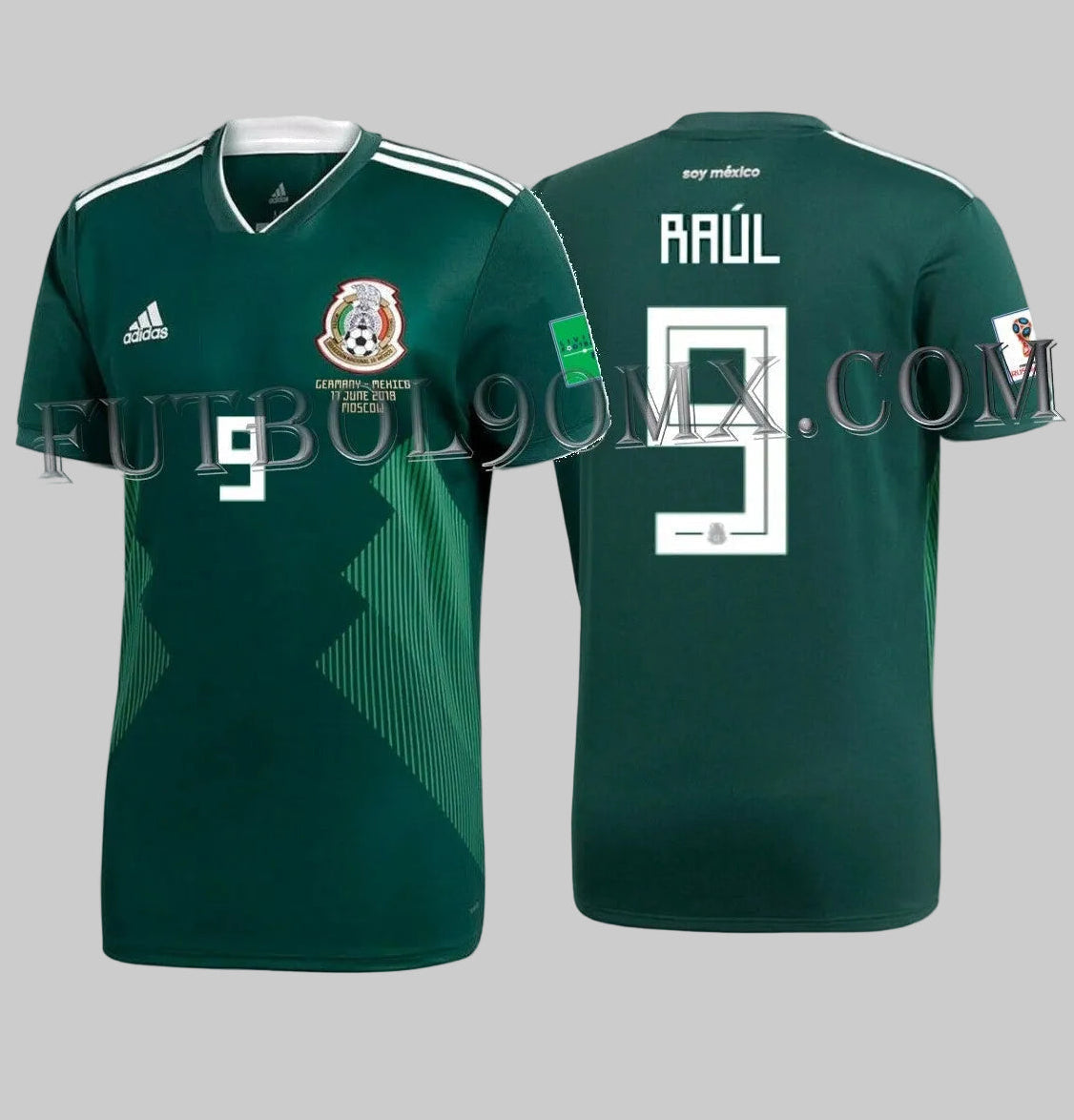 Vista frontal y posterior del jersey Adidas BQ4701 de local de México 2018 con el nombre RAÚL y el número 9 en tipografía oficial calada de Adidas para el Mundial de Rusia.