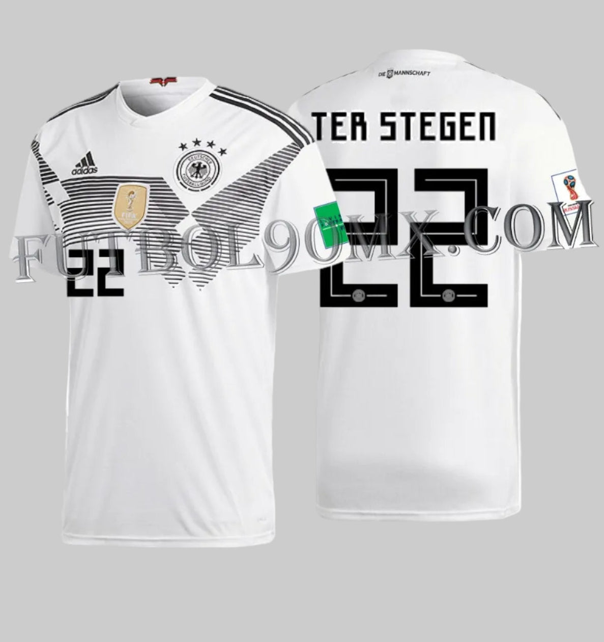 Jersey Alemania local con dorsal oficial TER STEGEN 22 en tipografía Adidas Mundial 2018 y parches del torneo BR7843. Estampado en vinilo térmico original, grado de conservación 10/10 para el Archivo Histórico de Futbol90MX.