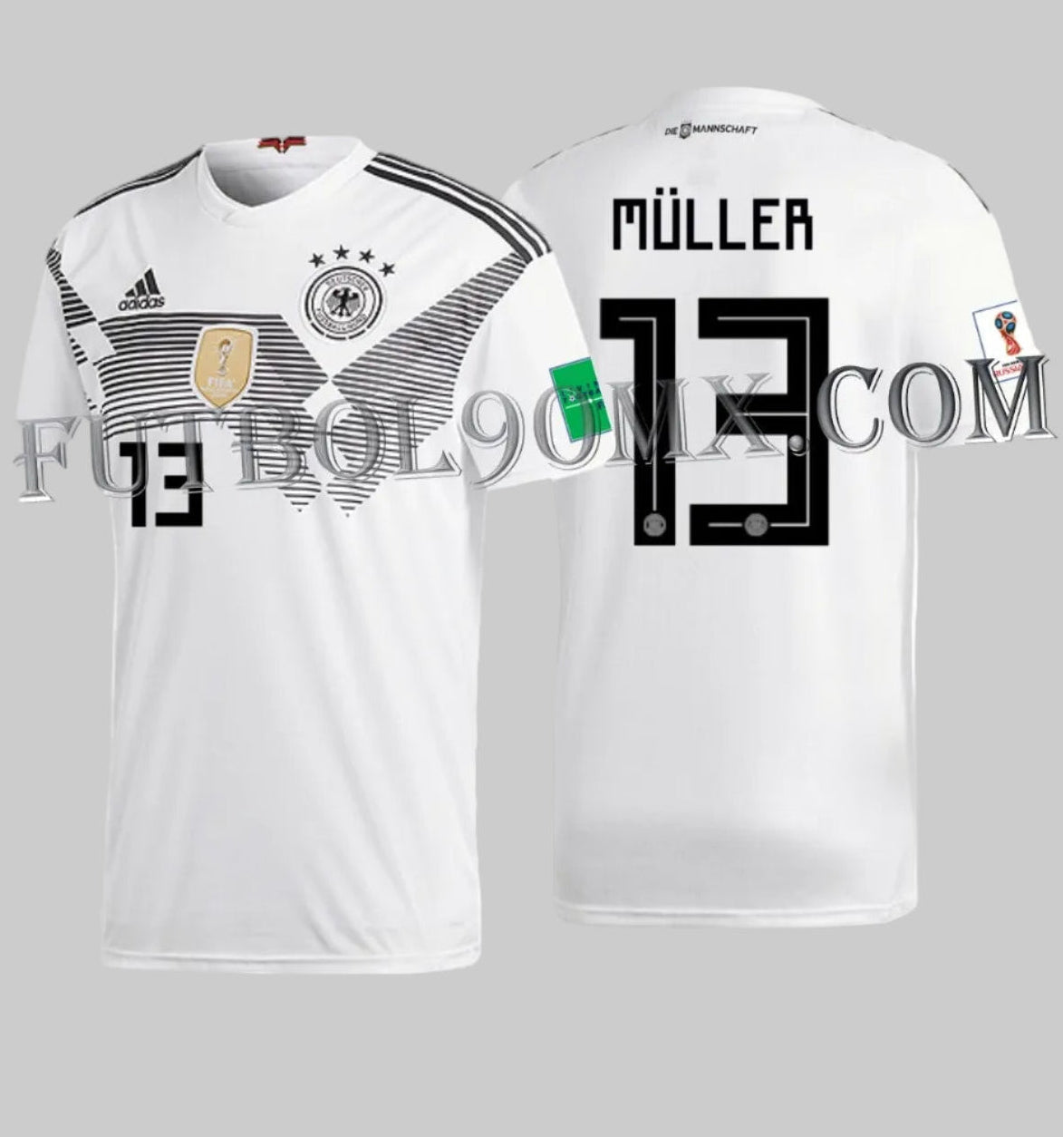 Jersey Alemania local con dorsal oficial MULLER 13 en tipografía Adidas Mundial 2018 y parches autenticos del torneo BR7843. Estampado en vinilo térmico original, estado 10/10 preservado para el Archivo Histórico de Futbol90MX.