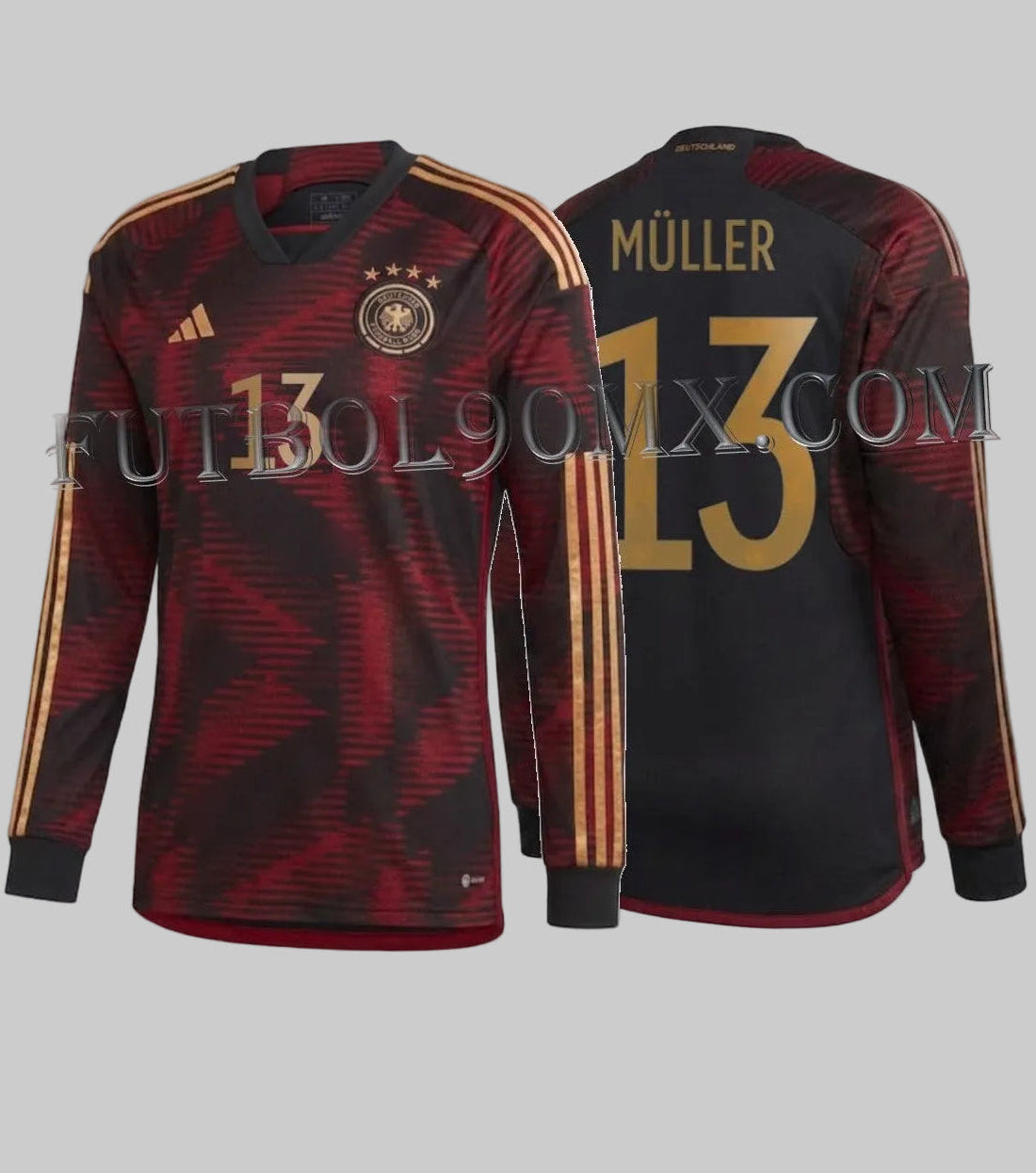 Vista dual del Jersey con  personalización oficial nombre y número 13 Thomas Müller, Alemania visitante 2022 manga larga original, MUndial 2022, codigo adidas HF1466 disponible en Futbol90MX