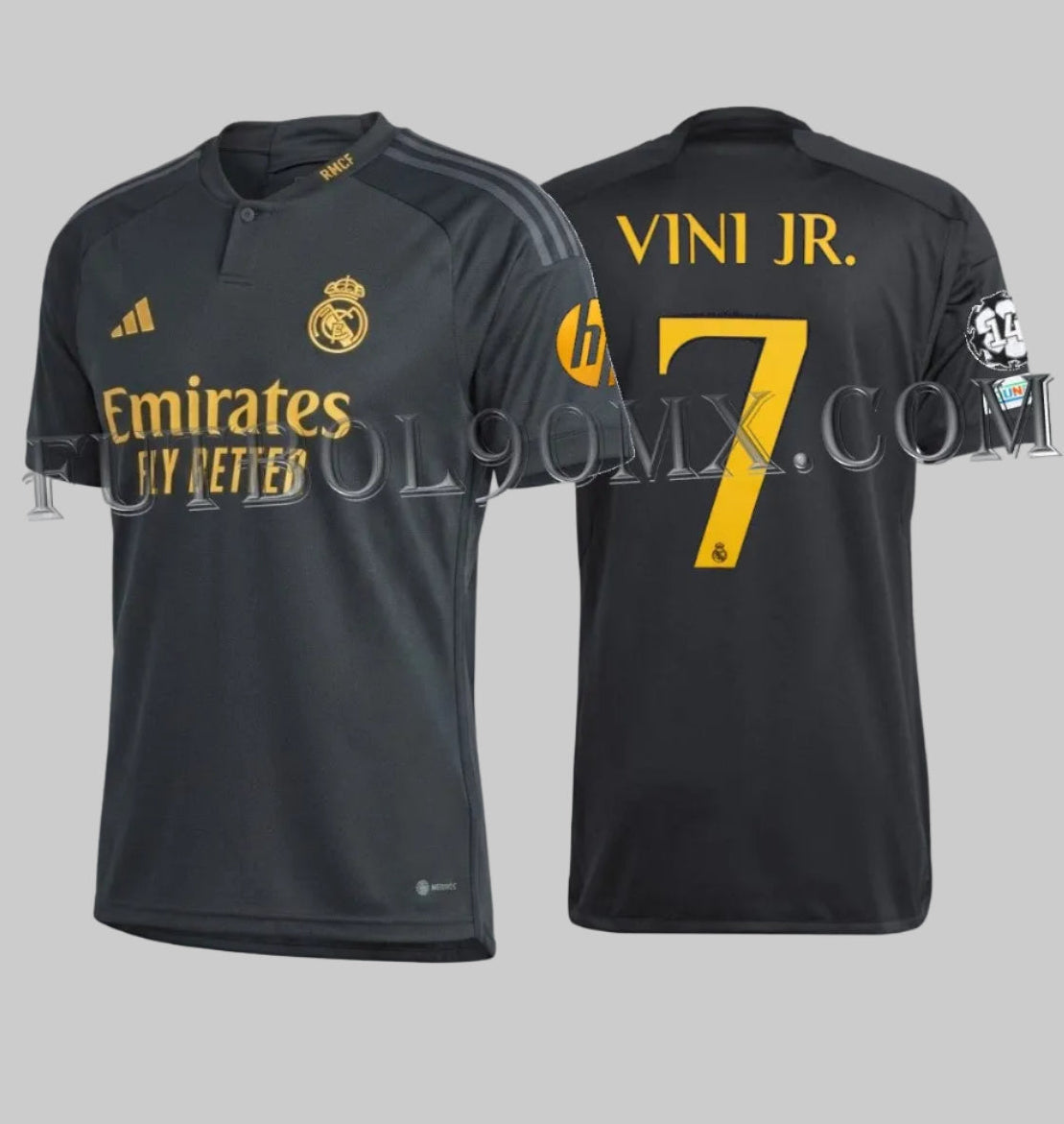 Jersey Adidas Real Madrid Third 2023-24 Vini Jr 7 edición UEFA Champions League código IN9846 Futbol90MX
