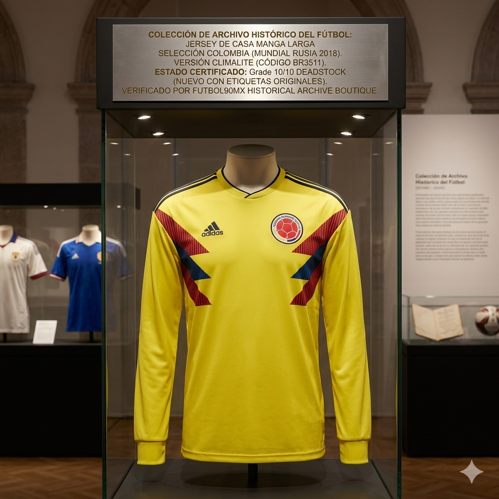 Exhibición de museo del jersey adidas de local de Colombia (Mundial Rusia 2018), versión manga larga Climalite. Presentado en gabinete de cristal con placa dorada que certifica el código BR3511 y el estatus Deadstock 10/10, validado por Futbol90MX.