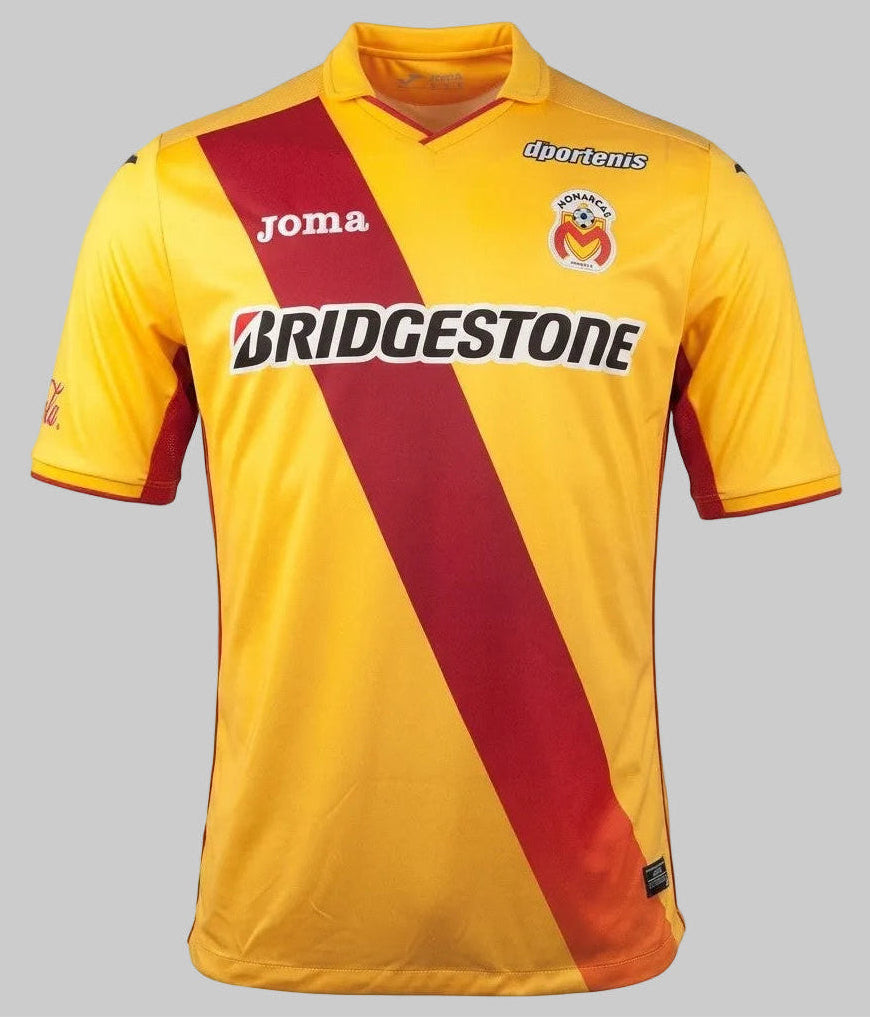 Vista frontal completa del jersey Joma Monarcas Morelia de casa 2014/15 (Ref. MM101011-14) con patrocinador Bridgestone, stock en la Historical Archive Boutique de Futbol90MX.