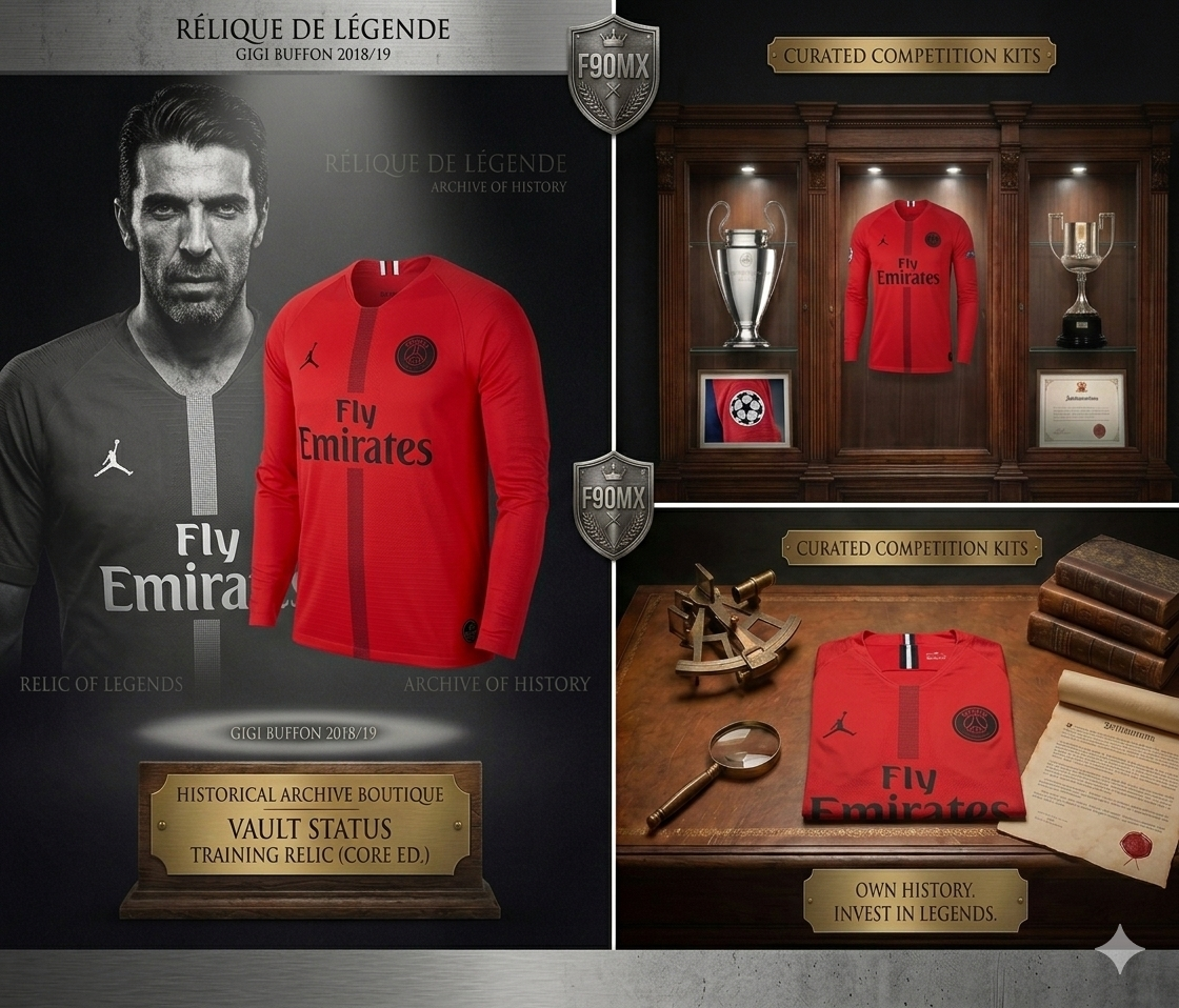 Presentación curada de la Historical Archive Boutique para el jersey Jordan x Buffon, destacando su estatus de activo de inversión 2026.