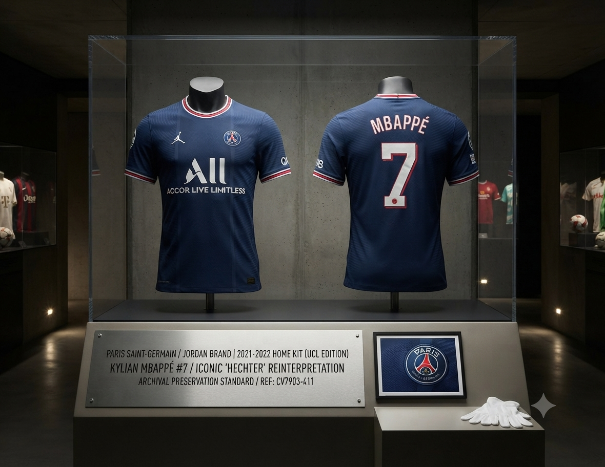 Presentación museística del jersey Jordan x PSG de Local UEFA Champions League 2021/22 de Kylian Mbappé (CV7903-411), exhibido (frente y espalda) dentro de una vitrina de acrílico con iluminación de archivo, placa identificativa de la Historical Archive Boutique y guantes de curador, en Futbol90MX