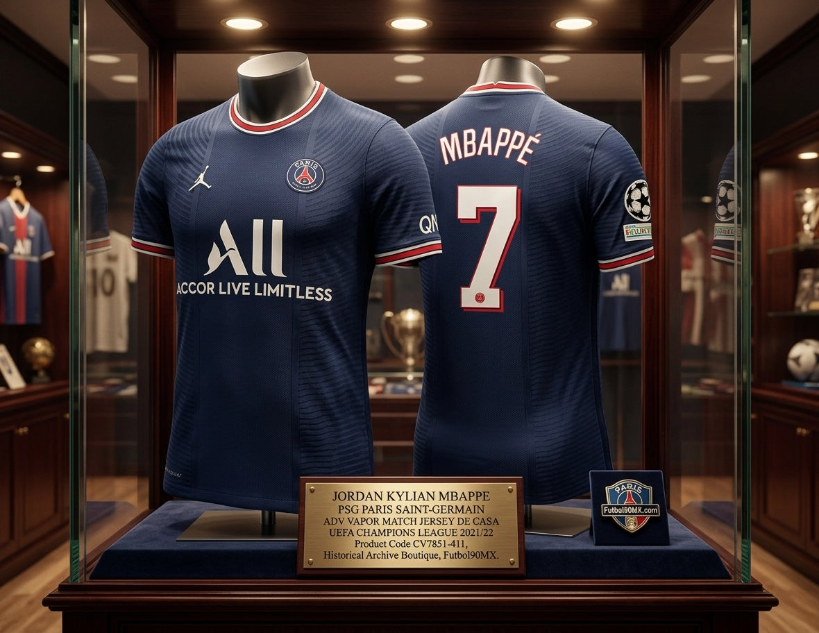 Exhibición estilo museo del Jordan PSG Vapor Match Home Jersey UEFA Champions League 2021/22 de Kylian Mbappé con placa conmemorativa de la Historical Archive Boutique de Futbol90MX (Código: CV7851-411).