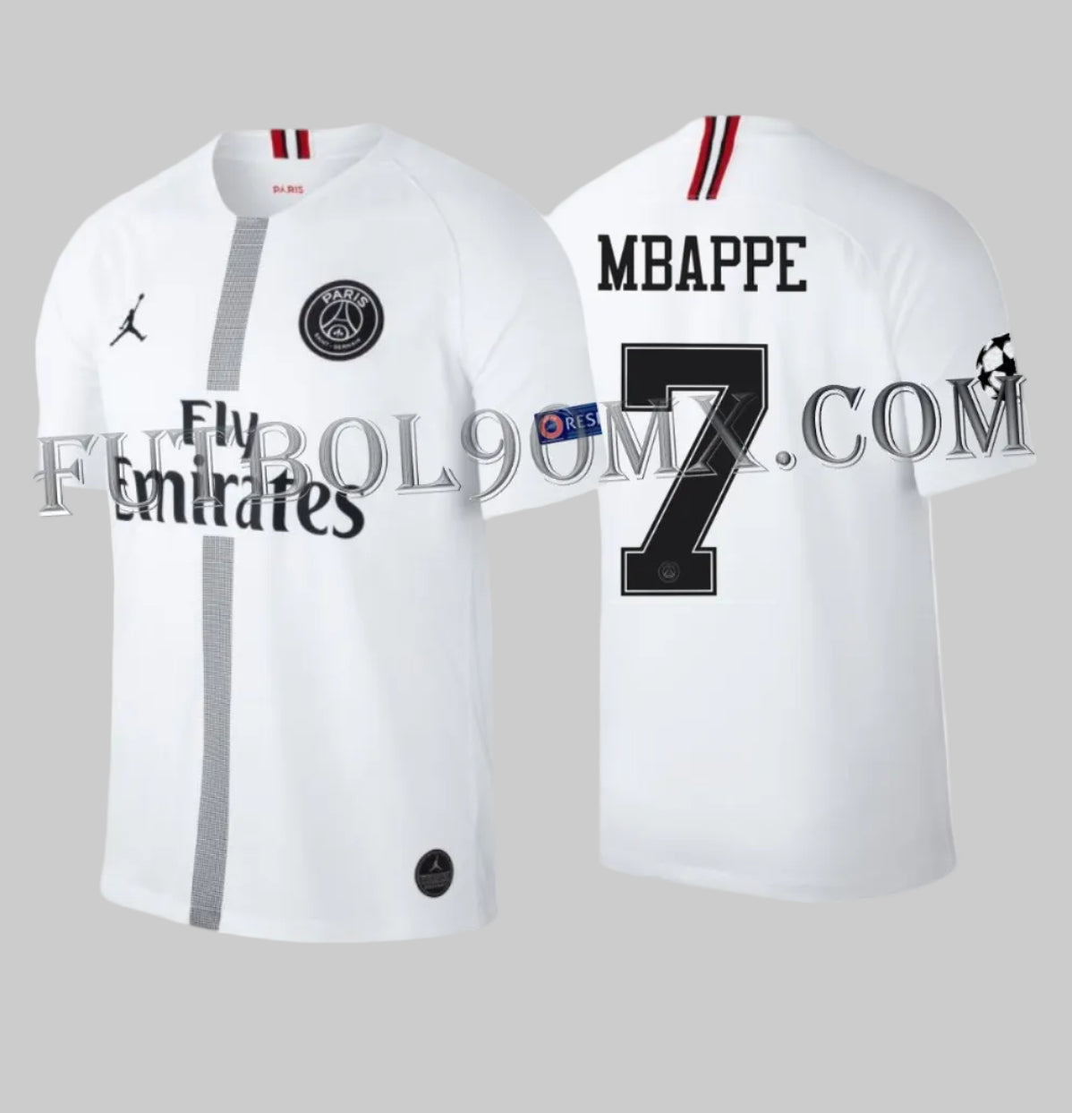ersey Jordan PSG Visitante 2018/19 Kylian Mbappé #7 Champions League original nuevo con etiquetas BNWT frente.