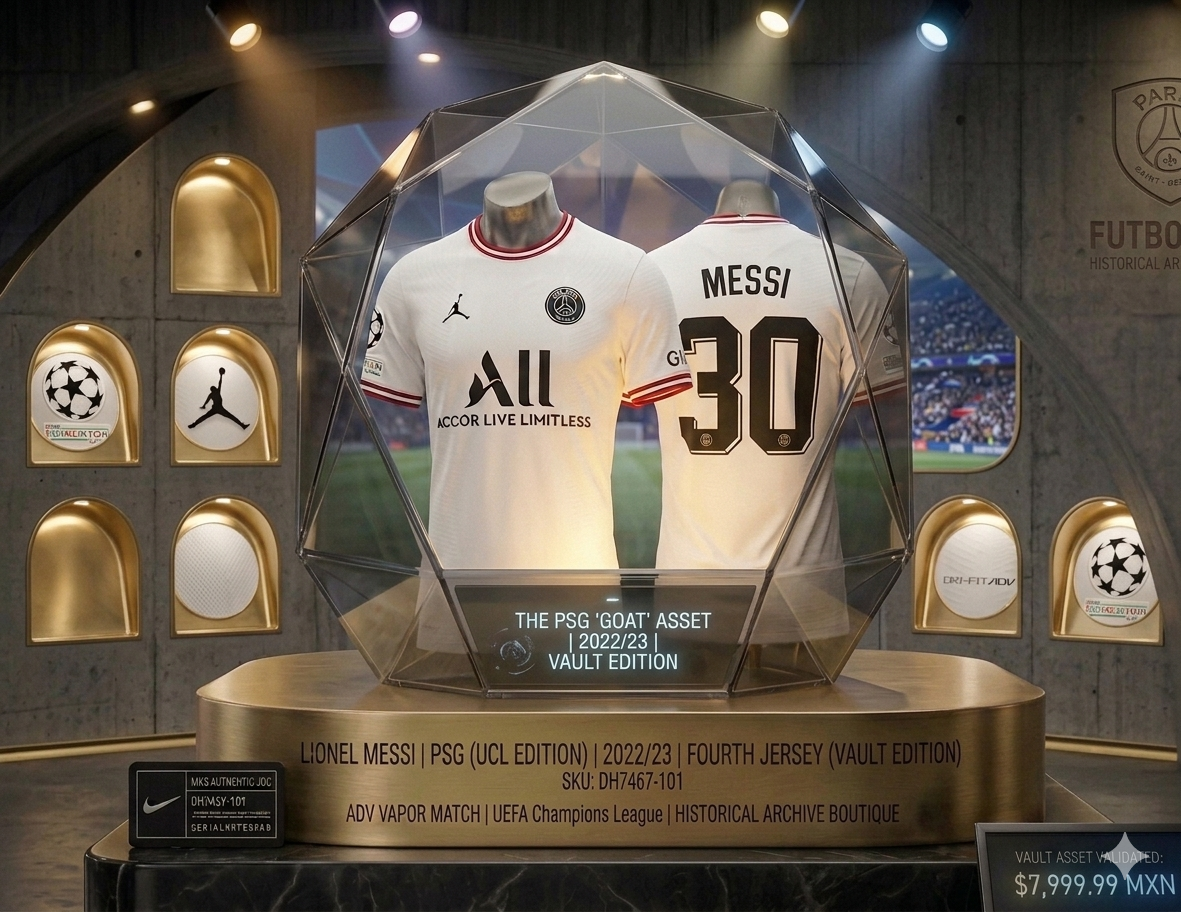 Vitrina de lujo tipo diamante en Futbol90MX exhibiendo el jersey Jordan PSG 22/23 Fourth ADV Match de Lionel Messi #30. El jersey blanco de gala incluye parches oficiales de la UEFA Champions League y tecnología Dri-FIT ADV. La base de oro grabada detalla el SKU DH7467-101 y la leyenda 'The PSG GOAT Asset'. Paneles dorados al fondo muestran los componentes auditados del kit, mientras una placa de autenticidad y una pantalla digital validan el activo en $7,999.99 MXN.