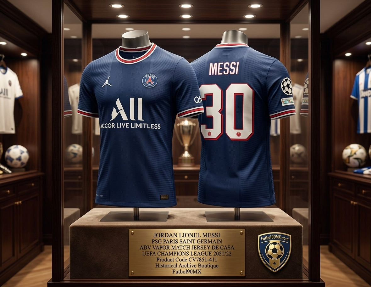 Exhibición estilo museo del Jordan Lionel Messi PSG Vapor Match Home Jersey UEFA Champions League 2021/22 con placa conmemorativa de la Historical Archive Boutique de Futbol90MX (Código: CV7851-411).