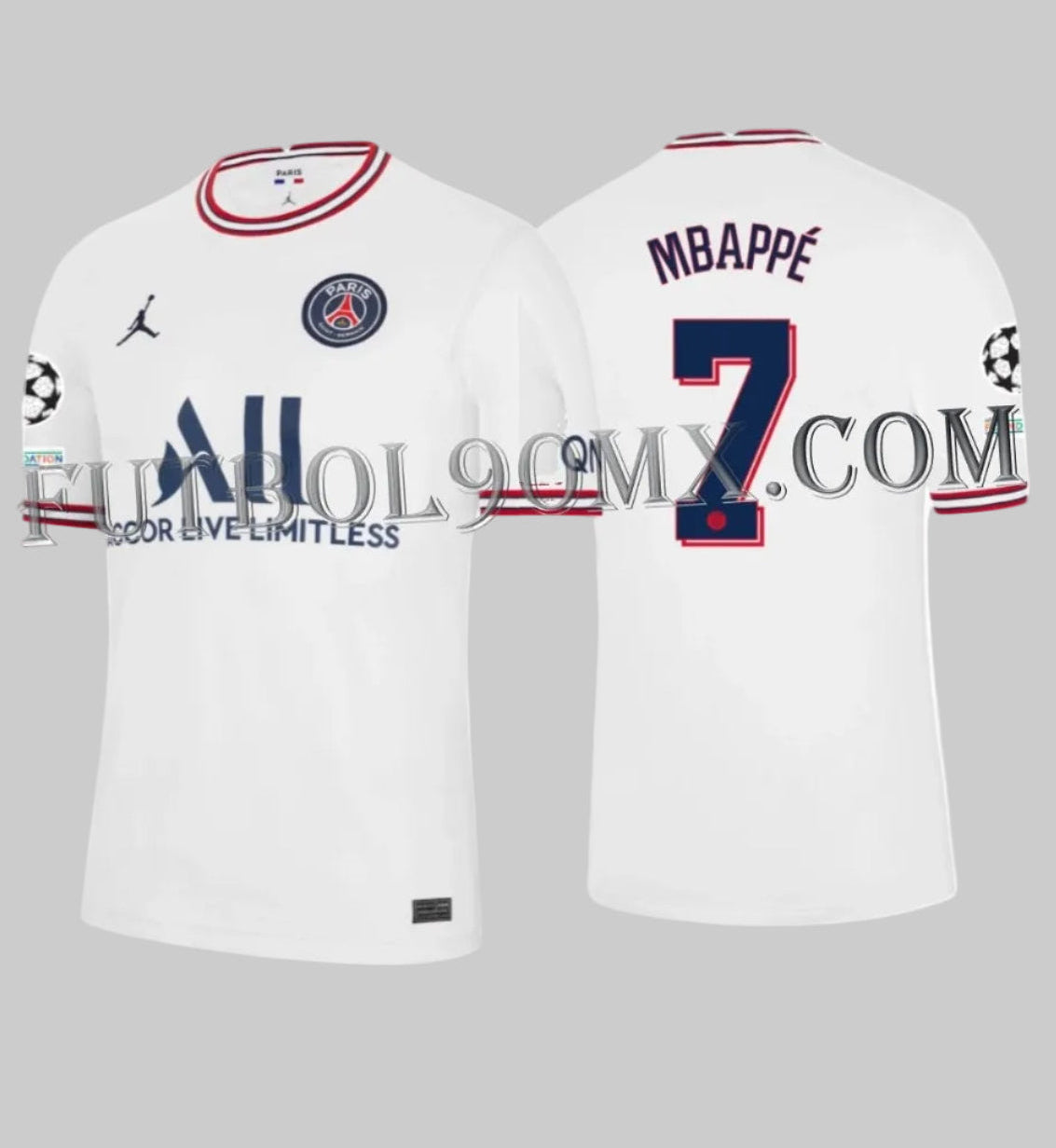 Vista frontal y posterior de PSG Authentic ADV Match Fourth Jersey 2022/23 DH7467-101 con Personalización oficial de Kylian Mbappé #7 en tipografía exclusiva de la UEFA Champions League y parches del torneo.