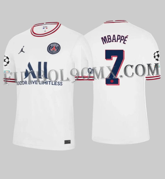 Vista frontal y posterior de PSG Authentic ADV Match Fourth Jersey 2022/23 DH7467-101 con Personalización oficial de Kylian Mbappé #7 en tipografía exclusiva de la UEFA Champions League y parches del torneo.