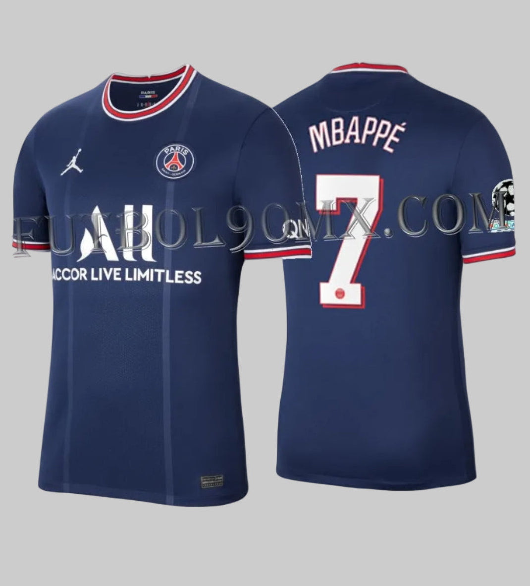 Vista frontal y posterior lado a lado del jersey Jordan oficial de local Paris Saint-Germain UEFA Champions League 2021/22, mostrando el diseño Jumpman, el patrocinador ALL y la personalización "MBAPPÉ 7", codigo CV7903-411 en Futbol90MX