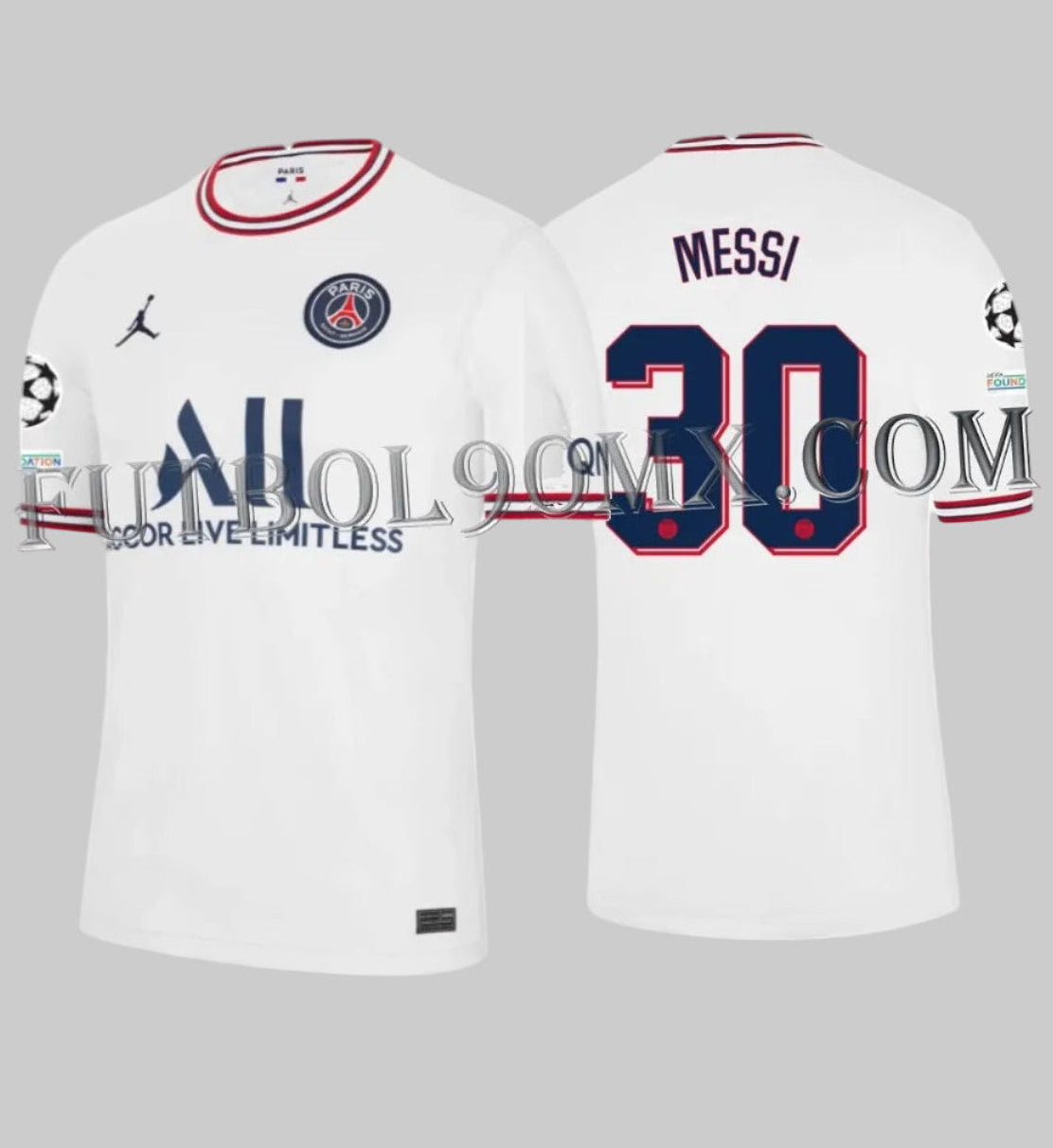 Vista frontal y posterior de Jersey ADV Vapor Match PSG Fourth 2022/23 DH7467-101 con Dorsal oficial de Lionel Messi #30 en tipografía exclusiva de la UEFA Champions League y parches de la competicion.