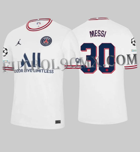 Vista frontal y posterior de Jersey ADV Vapor Match PSG Fourth 2022/23 DH7467-101 con Dorsal oficial de Lionel Messi #30 en tipografía exclusiva de la UEFA Champions League y parches de la competicion.
