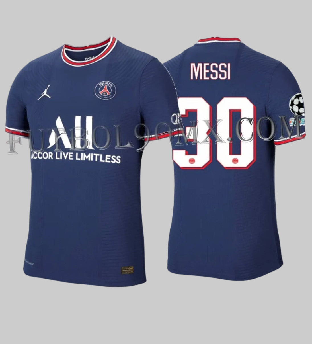 Vista frontal y trasera del Jordan Lionel Messi PSG Paris Saint-Germain ADV Vapor Match Home Jersey 2021/22 con dorsal #30 y parches oficiales de la UEFA Champions League (Código: CV7851-411) en Futbol90MX.