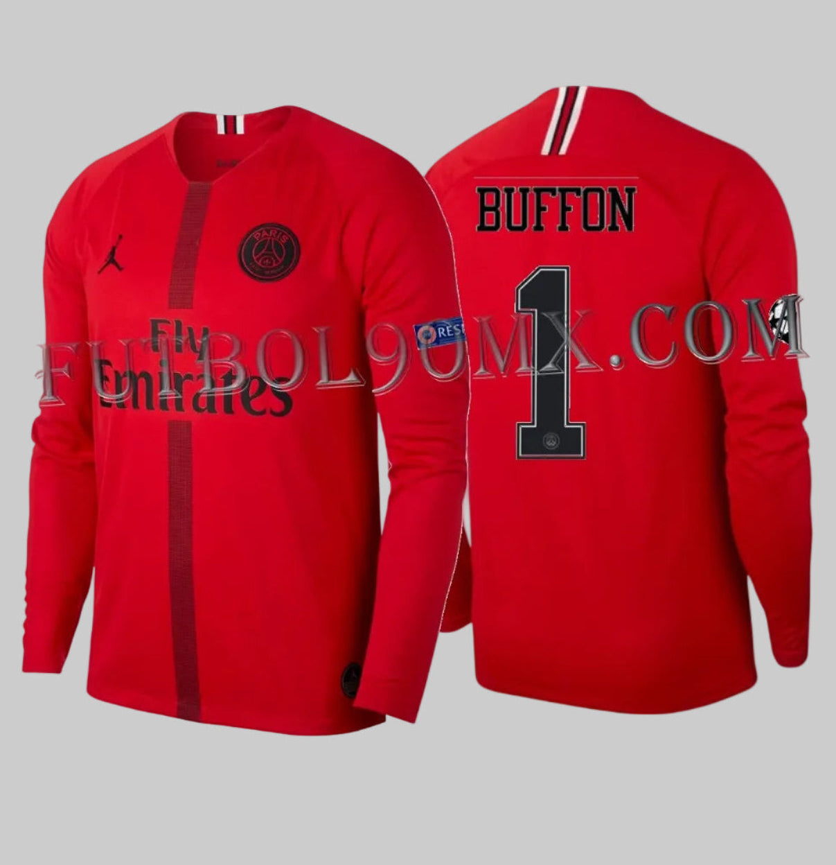 Dorsal oficial de la UEFA Champions League 'BUFFON 1' sobre el jersey player issue de portero Jordan x Paris Saint-Germain AJ2252-659, manga larga de archivo 