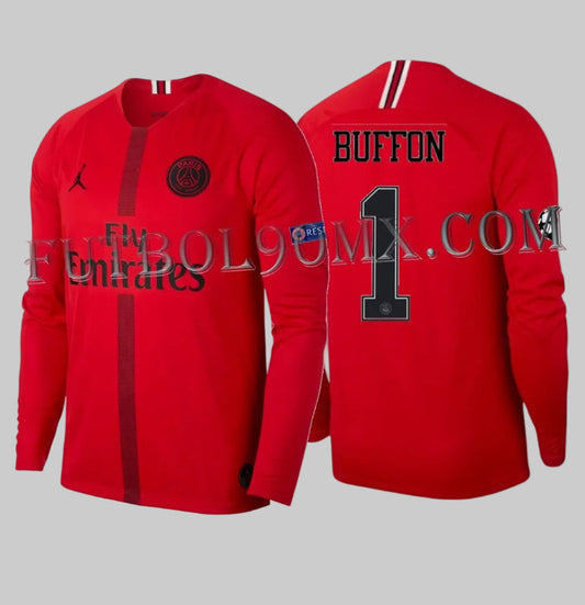 Dorsal oficial de la UEFA Champions League 'BUFFON 1' sobre el jersey player issue de portero Jordan x Paris Saint-Germain AJ2252-659, manga larga de archivo 