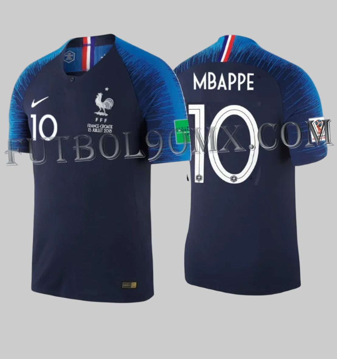 Jersey Nike 893874-451 Francia 2018 Home Authentic Vapor Match Kylian Mbappé Final Copa Mundial Rusia 2018 frente y vuelta.