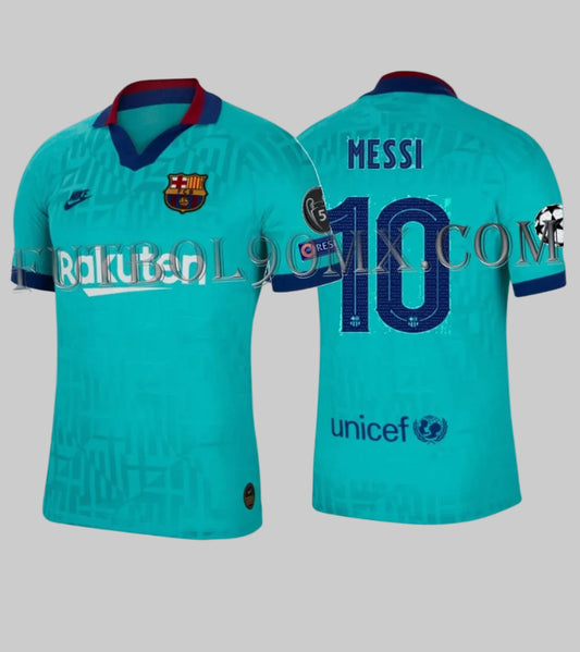 Vista frontal y posterior de la camiseta Nike Lionel Messi FC Barcelona Vapor Match Tercero UEFA Champions League 2019/20 (Ref. AR9343-310) disponible en Futbol90MX