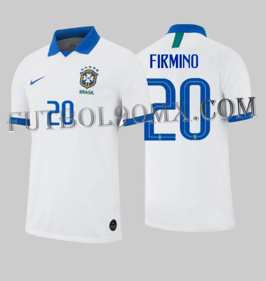 Jersey oficial de Brasil visitante 2019 de Nike AJ5026-100, edición conmemorativa del centenario en color blanco con cuello polo azul y dorsal frontal #20 de Roberto Firmino.