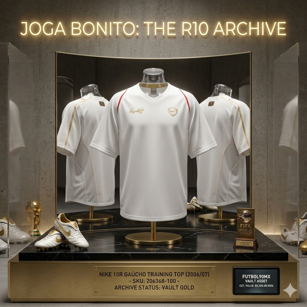 Exhibición de archivo Nike 10R Ronaldinho Training Top en Vault Status Futbol90MX con botas R10 Gold Touch.