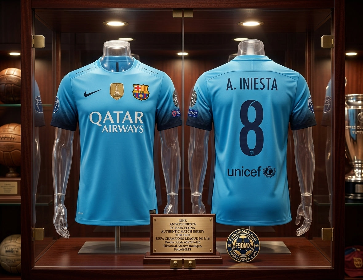 Exhibición estilo museo de la tercera equipación authentic match UCL 2015/16 de Andres Iniesta del FC Barcelona con la placa conmemorativa de la Historical Archive Boutique de Futbol90MX y el código 658787-426.