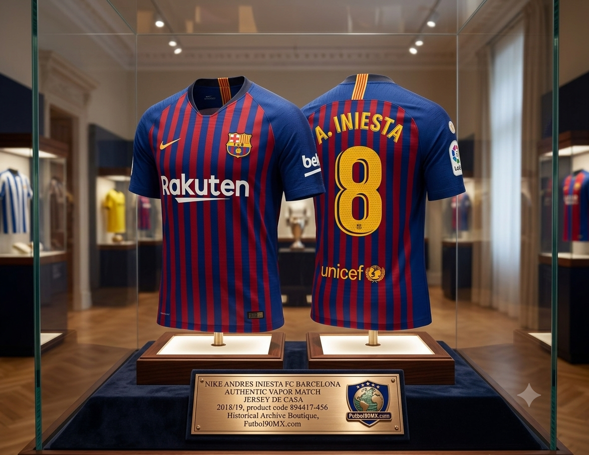 Jersey Nike Andrés Iniesta FC Barcelona Authentic Vapor Match Home 2018/19, codigo 894417-456, exhibido en una vitrina de museo de la Historical Archive Boutique de Futbol90MX
