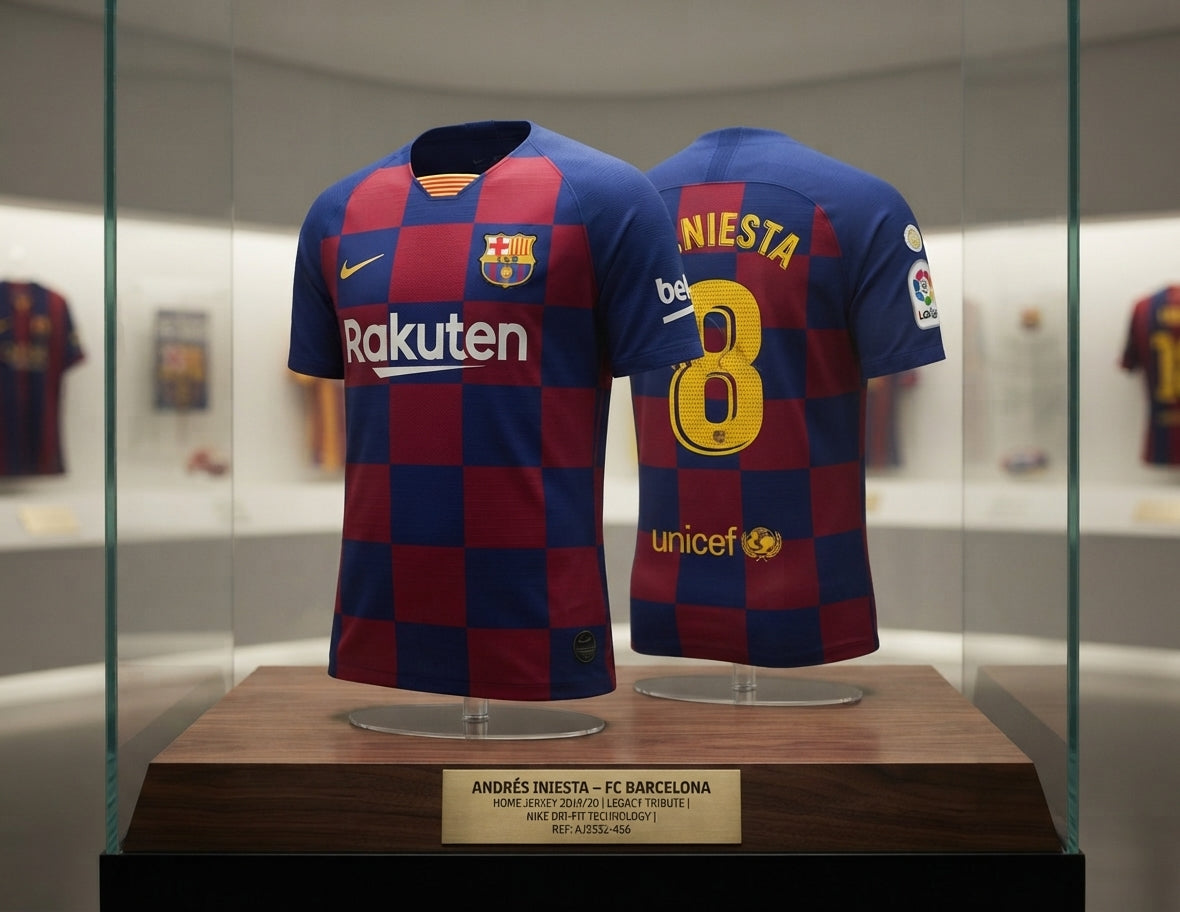 Exhibición de museo de élite para el jersey Nike local conmemorativo del FC Barcelona 2019/20 personalizado con Andrés Iniesta #8 y parche de LaLiga (Ref. AJ5532-456) en vitrina de caoba con placa de bronce en la Historical Archive Boutique Futbol90MX