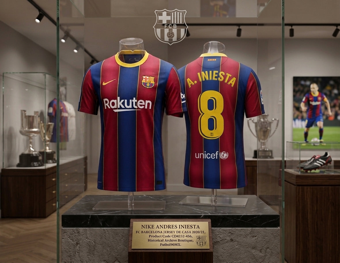Exhibición museográfica dual frontal y posterior del jersey Nike Andrés Iniesta FC Barcelona de casa 2020/21 (Ref. CD4232-456) en vitrina de archivo de la Historical Archive Boutique de Futbol90MX