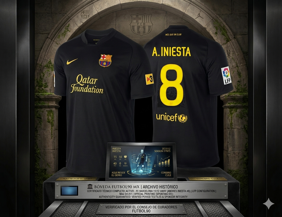 Jersey negro de colección de Andrés Iniesta FC Barcelona 2011/12 exhibido en la Bóveda de Futbol90 MX, destacando los detalles en amarillo solar y el diseño minimalista de Nike.