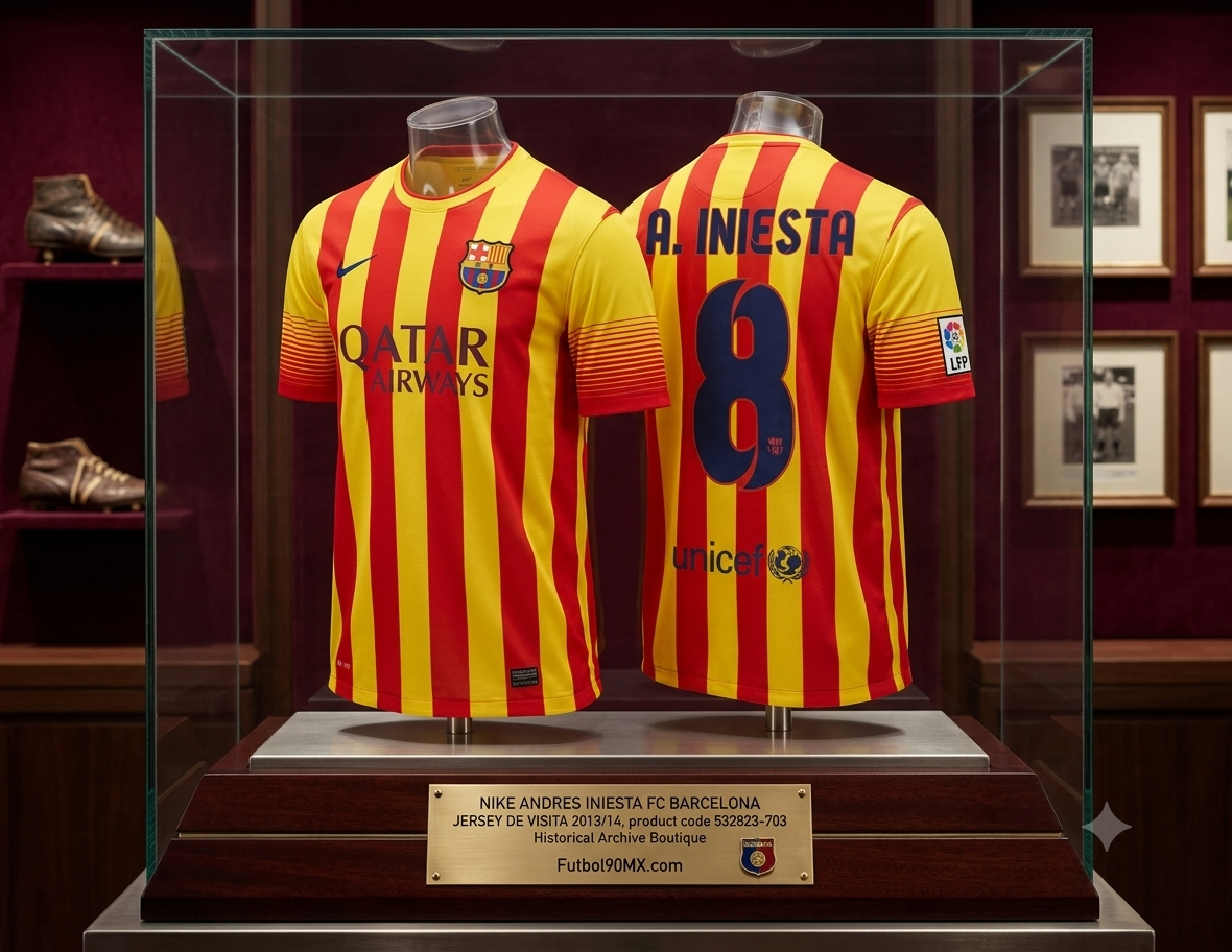 Exhibición de calidad de museo dentro de la Historical Archive Boutique de Futbol90MX con el jersey Nike FC Barcelona 2013/14 (Ref. 532823-703) de Andrés Iniesta montado en un maniquí de vitrina.