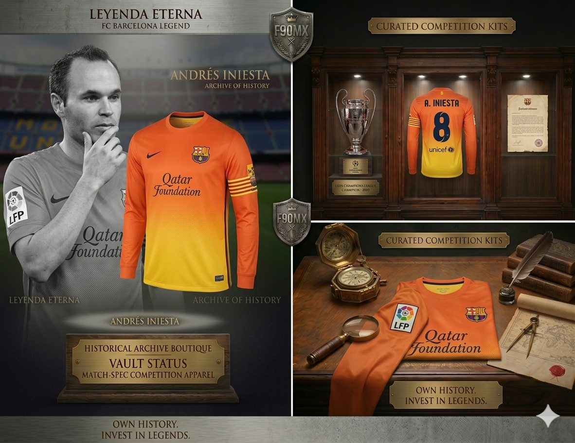 Collage de marketing premium con retrato de Andrés Iniesta, detalle de la dorsal en vitrina de museo y jersey de archivo sobre escritorio de roble oscuro.
