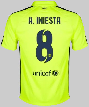 Vista posterior completa del jersey Nike FC Barcelona tercero UEFA Champions League 2014/15 (Ref. 631192-711) con el nombre A. INIESTA y el número 8 en Futbol90MX