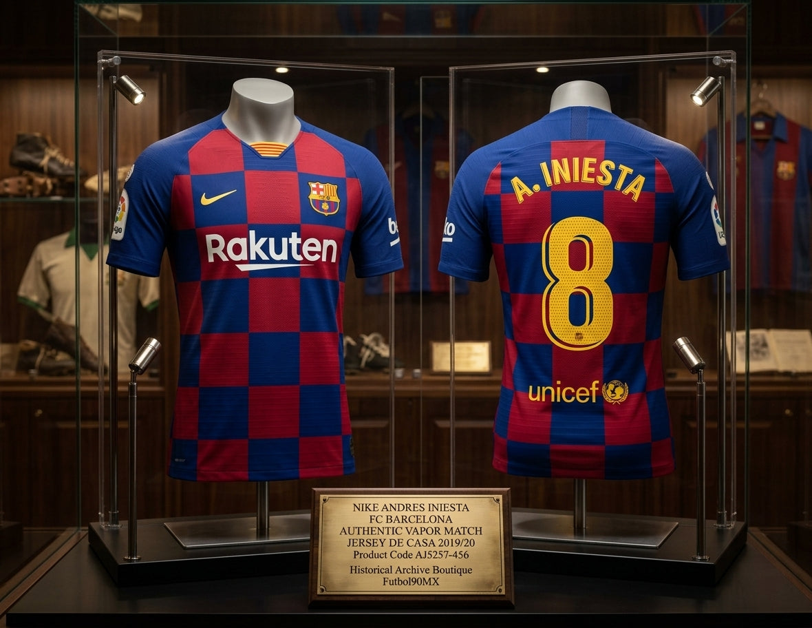 Exhibición museográfica del jersey Nike FC Barcelona Authentic Vapor Match Local 2019/20 Andrés Iniesta #8 (Ref. AJ5257-456) en vitrina iluminada de la Historical Archive Boutique de Futbol90MX