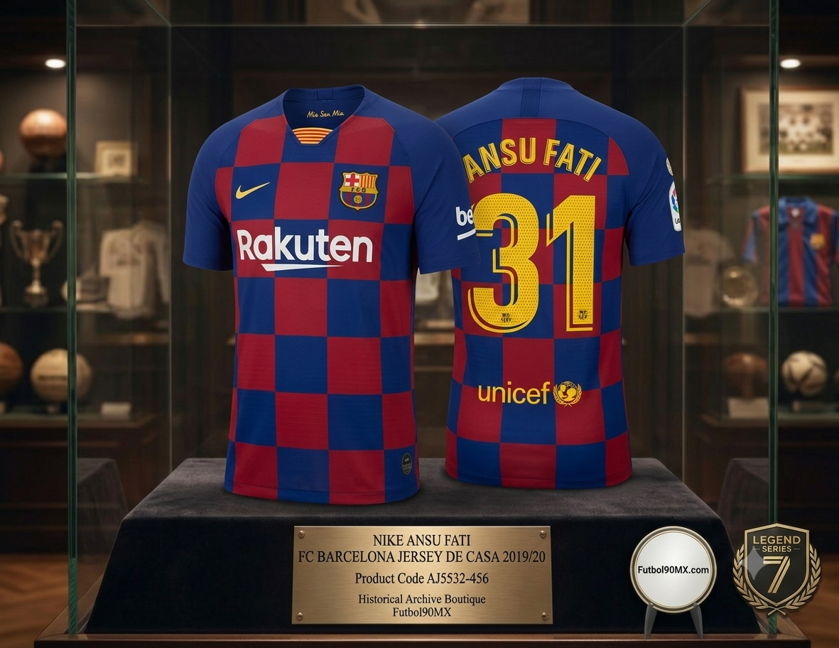 Exhibición de museo de élite para el jersey Nike local del FC Barcelona 2019/20 personalizado con Ansu Fati #31 y parche de LaLiga (Ref. AJ5532-456) en vitrina de caoba con placa en la Historical Archive Boutique Futbol90MX.