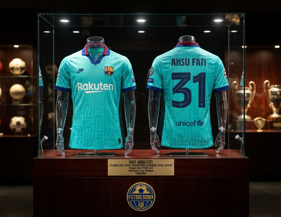 Exhibición museística en vitrina con la camiseta Nike Ansu Fati FC Barcelona Tercero UEFA Champions League 2019/20 (Ref. AT0029-310) en la Historical Archive Boutique de Futbol90MX