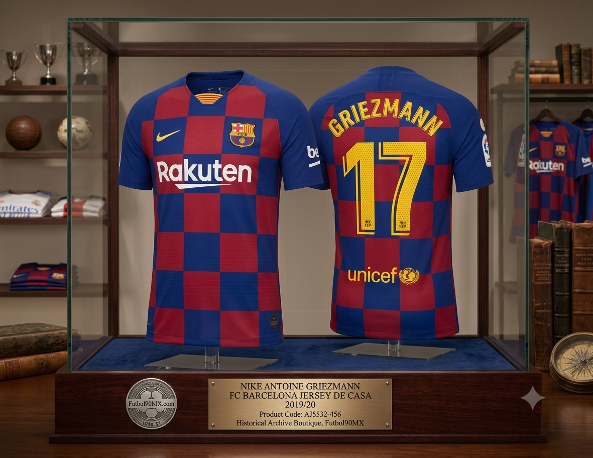 Exhibición de museo de élite para el jersey Nike local del FC Barcelona 2019/20 personalizado con Antoine Griezmann #17 y parche de LaLiga (Ref. AJ5532-456) en vitrina de caoba con placa en la Historical Archive Boutique Futbol90MX