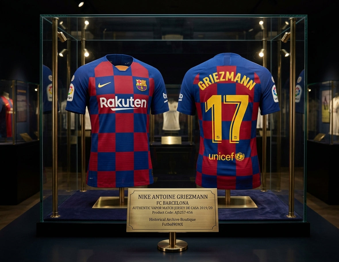 Exhibición museográfica del jersey Nike FC Barcelona Authentic Vapor Match Local 2019/20 Antoine Griezmann #17 (Ref. AJ5257-456) en vitrina iluminada de la Historical Archive Boutique de Futbol90MX