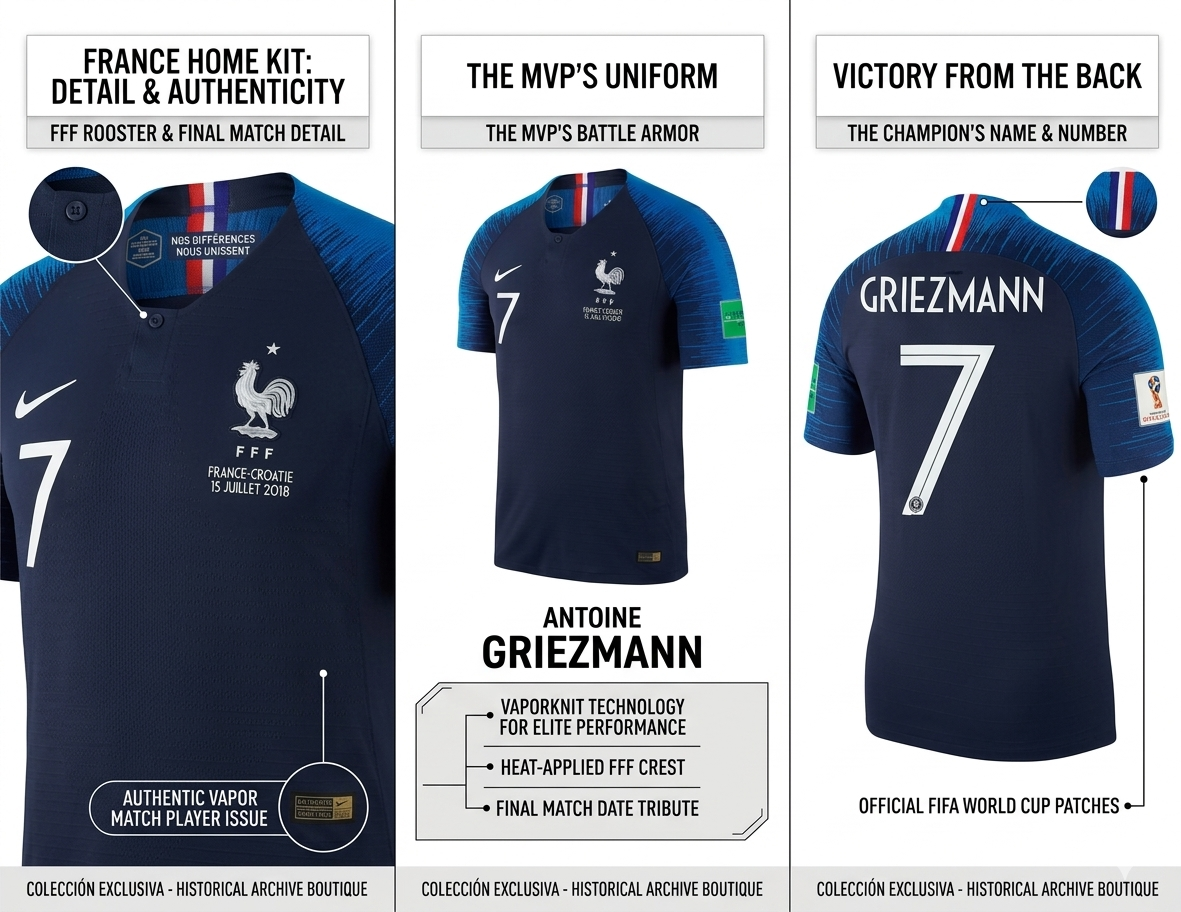 Detalles de autenticidad Jersey Francia 2018: parches oficiales FIFA, dorsal Griezmann 7 y transfer de la Final France vs Croatie.